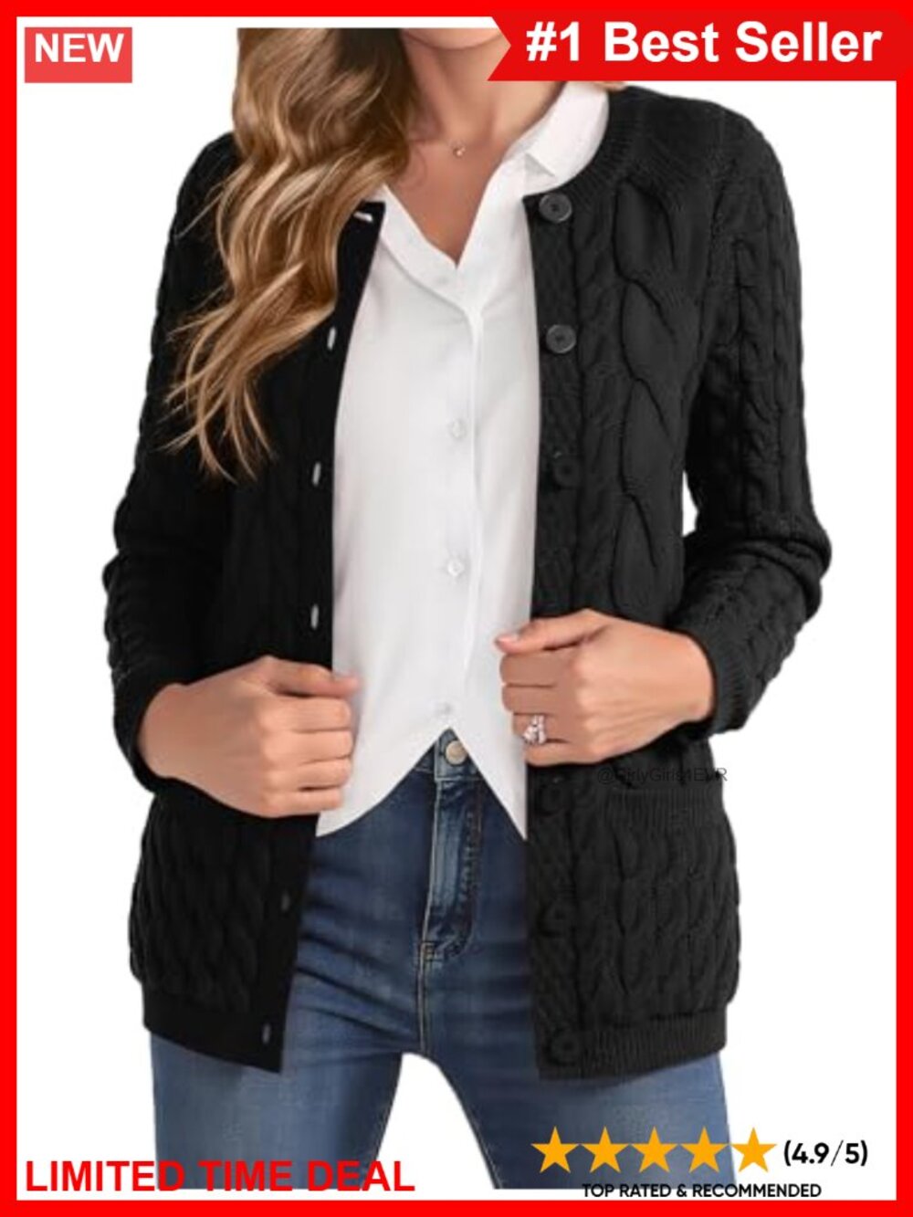 Cable Knit Chunky Cardigan Sweater Crew Neck Button Up with Pockets